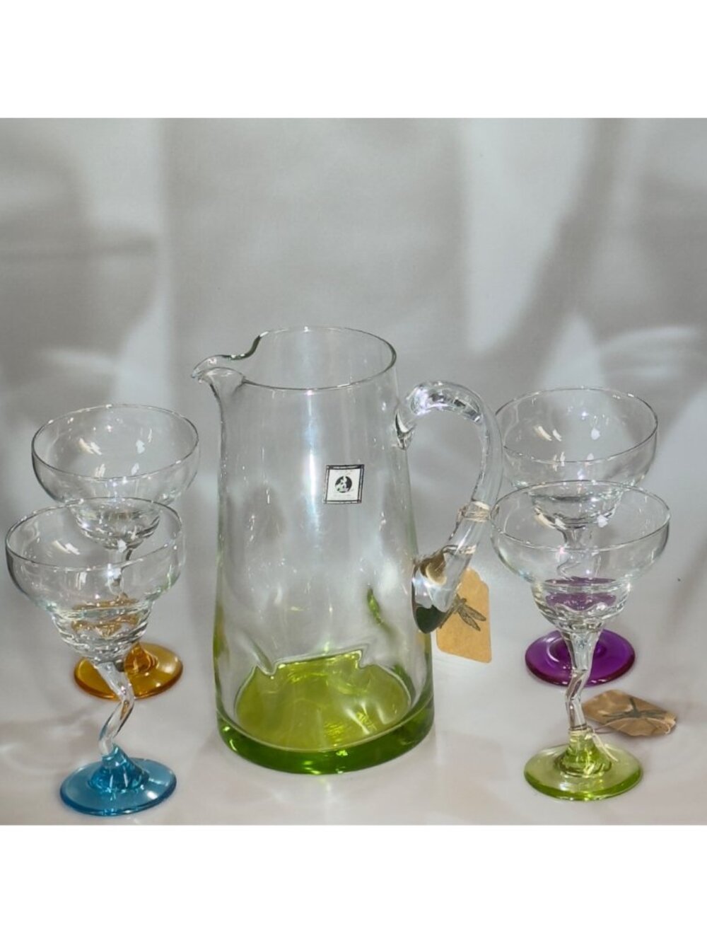 PartyLite Handmade Casa Glass Pitcher & Margarita Glass Set With Colorful Bases - Picture 3 of 16